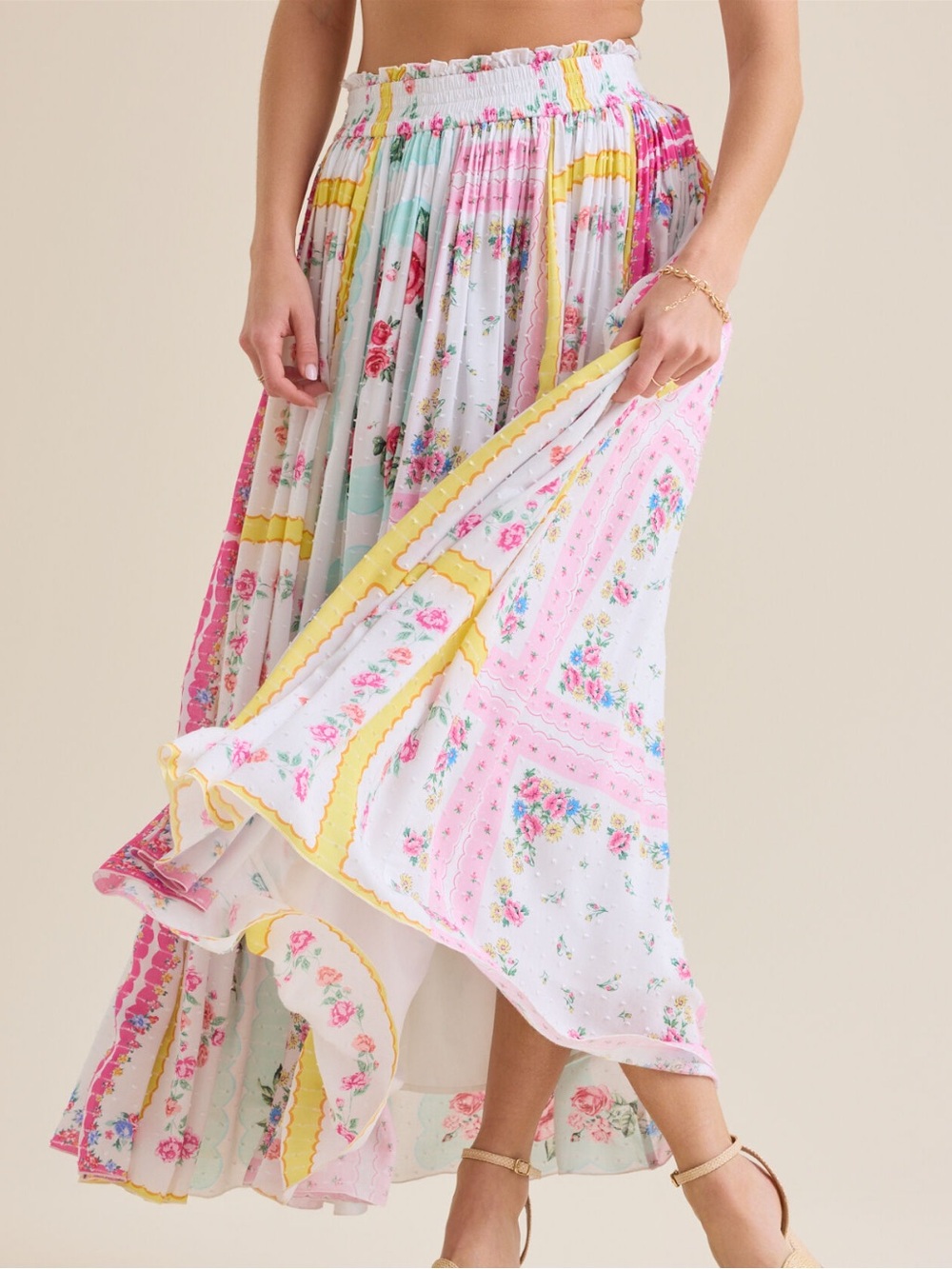 Altar'd State Floral Patchwork Maxi Skirt in Pastel Pink, White & Yellow size XL